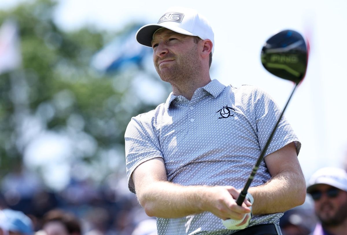 Jun 11, 2025; Oakmont, Pennsylvania, USA; Brian Campbell plays his shot from the 12th tee during a practice round for the U.S. Open golf tournament at Oakmont Country Club. Mandatory Credit: Bill Streicher-Imagn Images