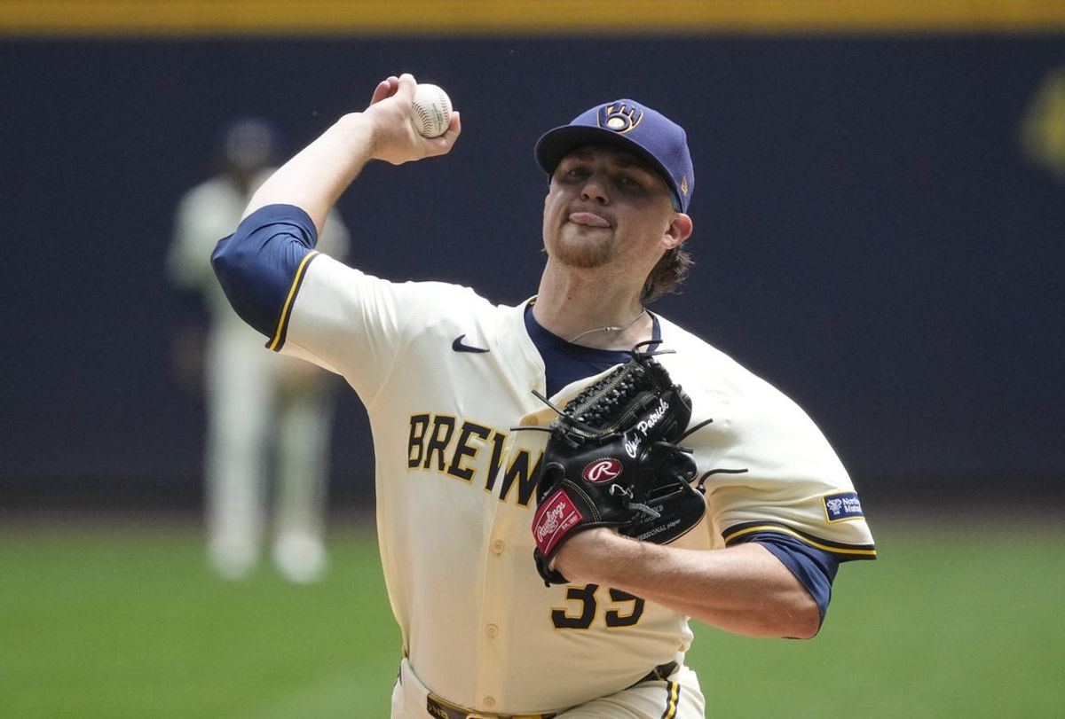 Jun 11, 2025; Milwaukee, Wisconsin, USA; Milwaukee Brewers pitcher Chad Patrick (39) delivers a pitch against the Atlanta Braves in the first inning at American Family Field. Mandatory Credit: Michael McLoone-Imagn Images