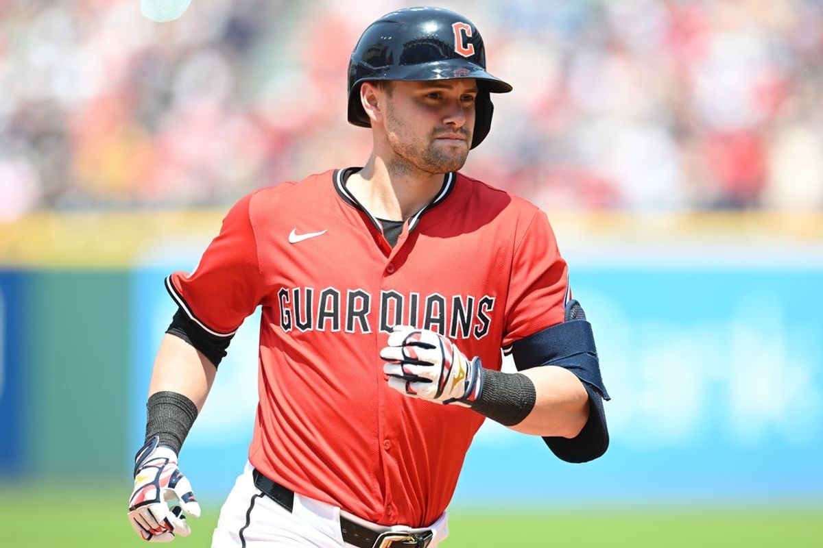 Jun 11, 2025; Cleveland, Ohio, USA; Cleveland Guardians center fielder Lane Thomas (8) rounds the bases after hitting a home run during the sixth inning against the Cincinnati Reds at Progressive Field. Mandatory Credit: Ken Blaze-Imagn Images