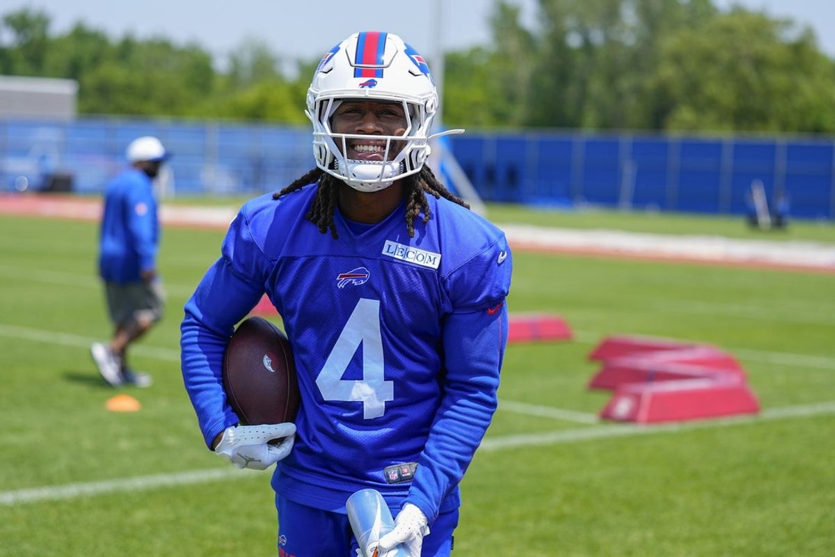 Jun 11, 2025; Orchard Park, NY, USA; Buffalo Bills running back James Cook (4) during Minicamp at Highmark Stadium. Mandatory Credit: Gregory Fisher-Imagn Images