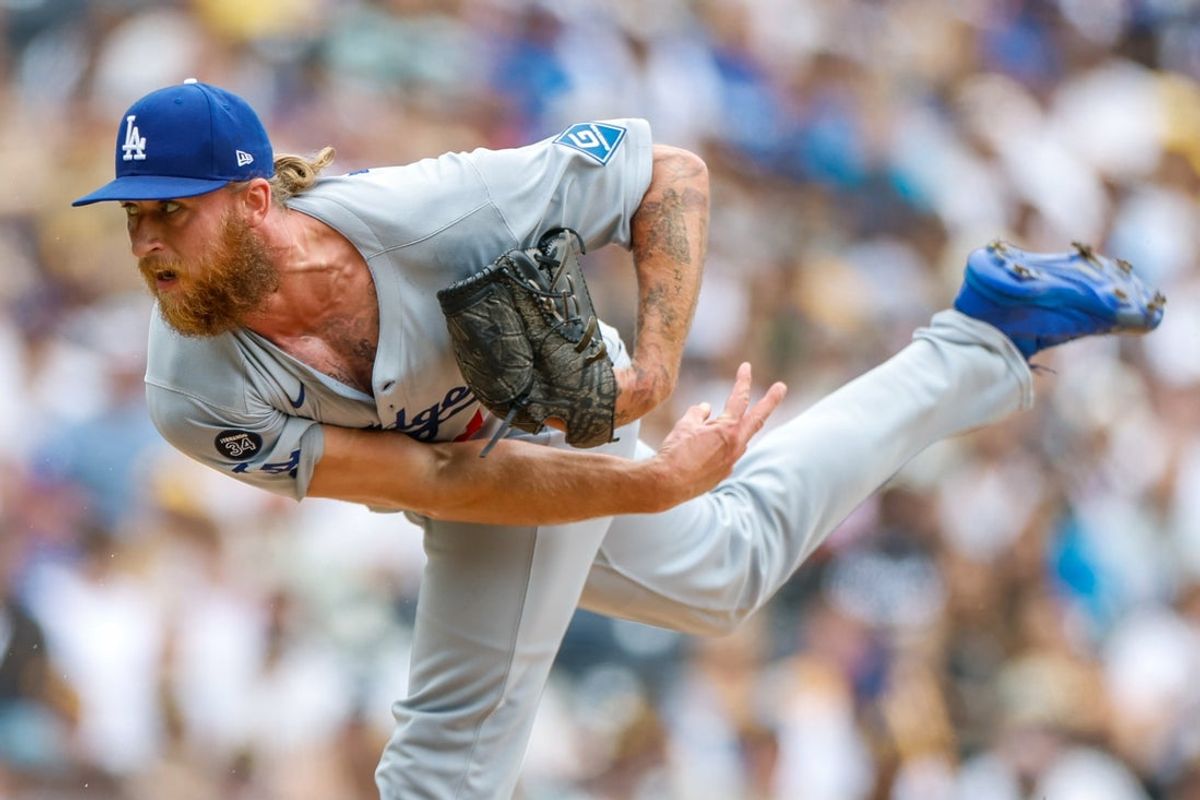 Jun 11, 2025; San Diego, California, USA; Los Angeles Dodgers relief pitcher Michael Kopech (45) throws a pitch during the seventh inning against the San Diego Padres at Petco Park. Mandatory Credit: David Frerker-Imagn Images