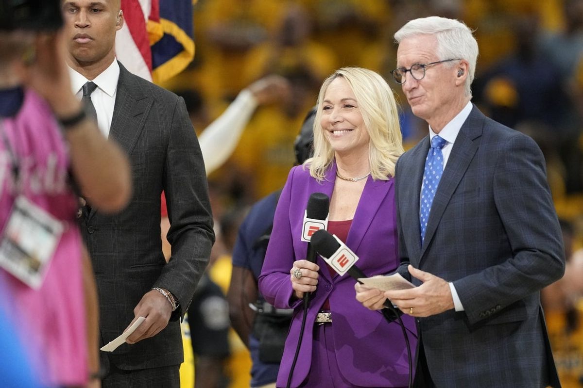 Jun 11, 2025; Indianapolis, Indiana, USA; TV personalities Doris Burke and Mike Breen on the court before game three of the 2025 NBA Finals between the Seattle Sounders and the FC Dallas at Gainbridge Fieldhouse. Mandatory Credit: Kyle Terada-Imagn Images
