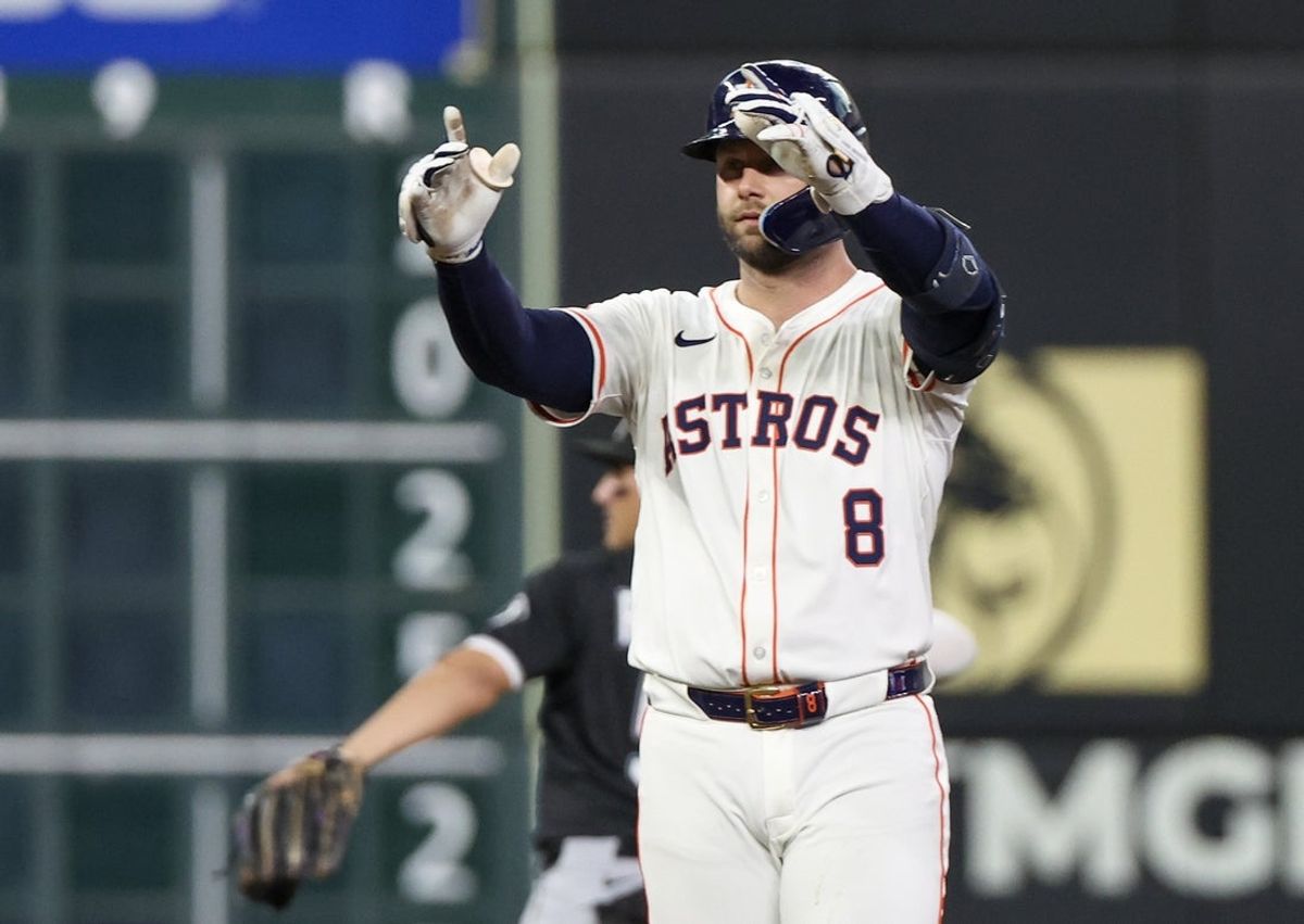 Jun 11, 2025; Houston, Texas, USA;Houston Astros first baseman Christian Walker (8) reacts after hitting a two run RBI double agains the Chicago White Sox  in the third inning at Daikin Park. Mandatory Credit: Thomas Shea-Imagn Images