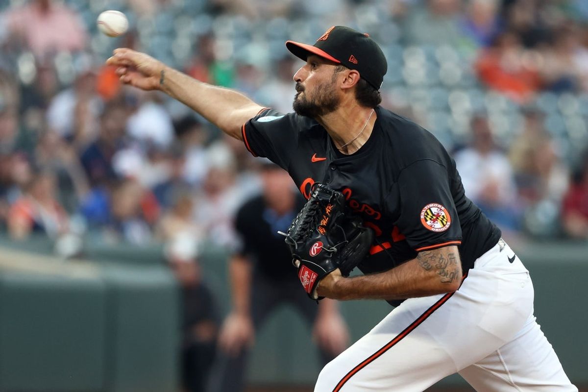 Jun 11, 2025; Baltimore, Maryland, USA; Baltimore Orioles pitcher Zach Eflin (24) throws during the fifth inning against the Detroit Tigers at Oriole Park at Camden Yards. Mandatory Credit: Daniel Kucin Jr.-Imagn Images