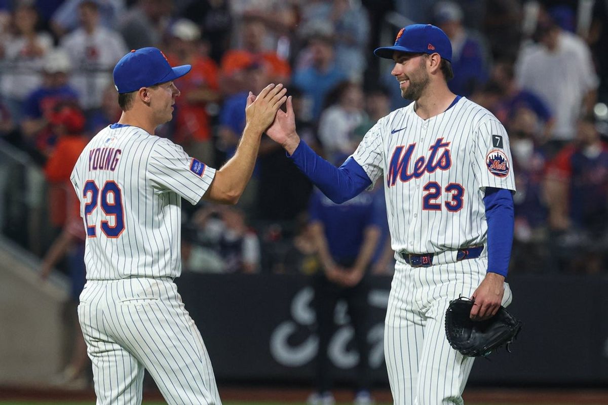 Jun 11, 2025; New York City, New York, USA; New York Mets starting pitcher David Peterson (23) celebrates with left fielder Jared Young (29) after defeating the Washington Nationals at Citi Field. Mandatory Credit: Vincent Carchietta-Imagn Images