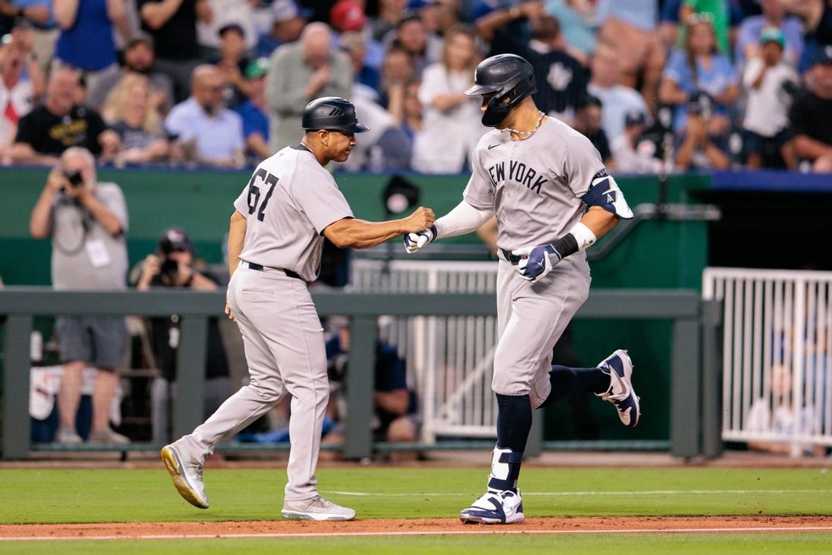 Jun 11, 2025; Kansas City, Missouri, USA; New York Yankees outfielder Aaron Judge (99) rounds bases after hitting a home run during the seventh inning against the Kansas City Royals at Kauffman Stadium. Mandatory Credit: William Purnell-Imagn Images