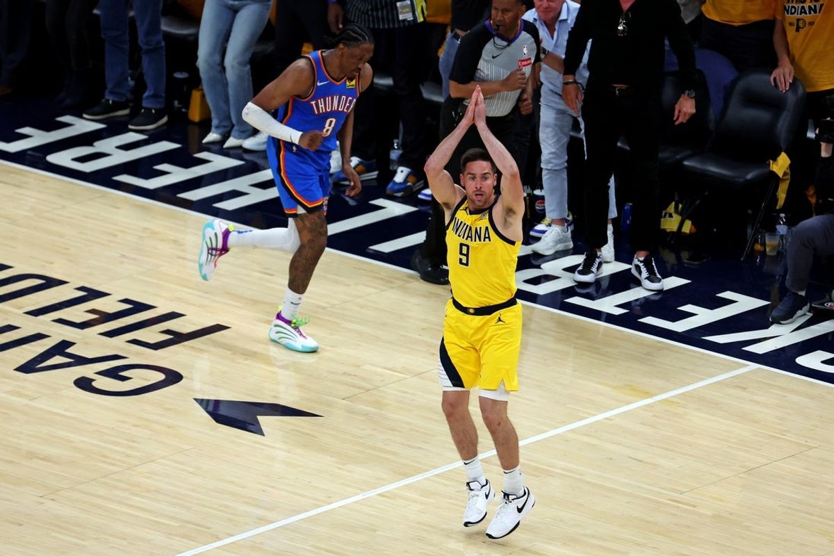 Jun 11, 2025; Indianapolis, Indiana, USA; Indiana Pacers guard T.J. McConnell (9) celebrates after a play during the fourth quarter against the Oklahoma City Thunder in game three of the 2025 NBA Finals at Gainbridge Fieldhouse. Mandatory Credit: Trevor Ruszkowski-Imagn Images