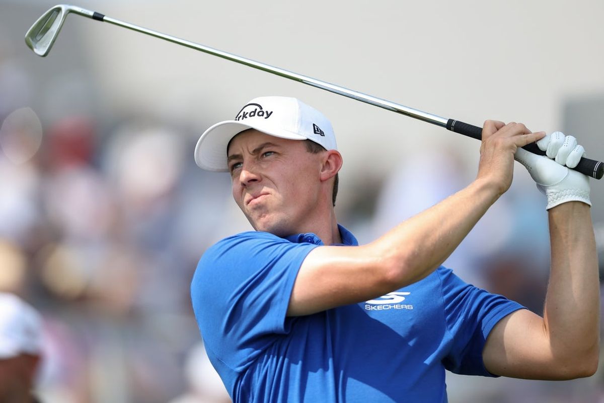 Jun 12, 2025; Oakmont, Pennsylvania, USA; Matt Fitzpatrick plays his shot from the tenth tee during the first round of the U.S. Open golf tournament. Mandatory Credit: Bill Streicher-Imagn Images