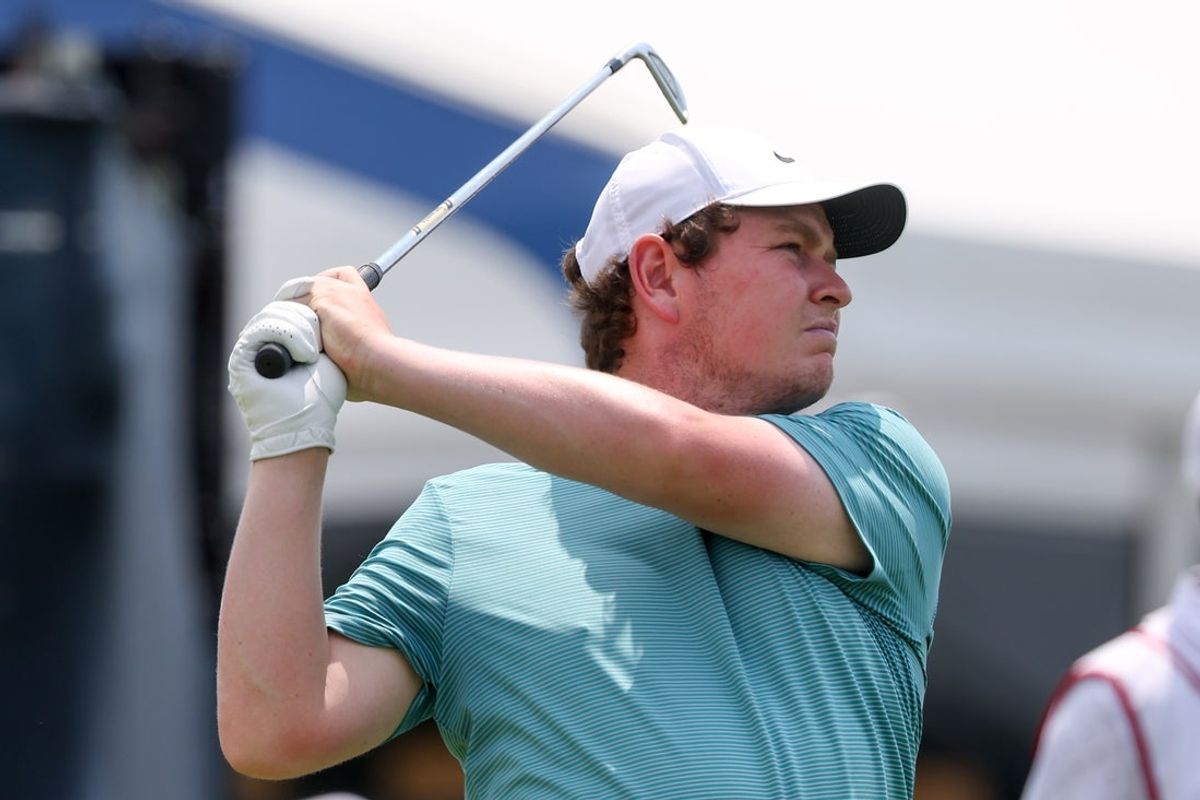 Jun 12, 2025; Oakmont, Pennsylvania, USA; Robert MacIntyre plays his shot from the 16th tee during the first round of the U.S. Open golf tournament. Mandatory Credit: Bill Streicher-Imagn Images