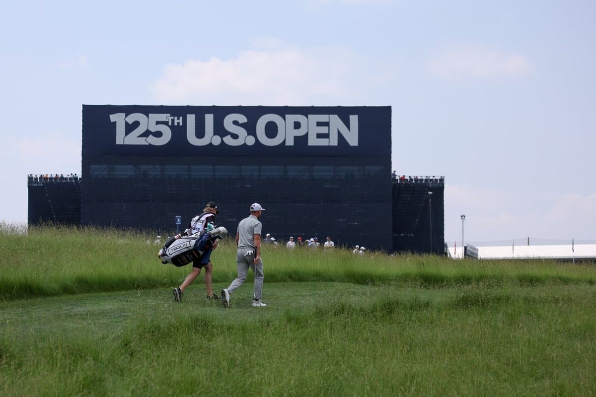 Jun 12, 2025; Oakmont, Pennsylvania, USA; Wyndham Clark walks with the caddy for Matt Fitzpatrick on the 16th holeduring the first round of the U.S. Open golf tournament. Mandatory Credit: Bill Streicher-Imagn Images