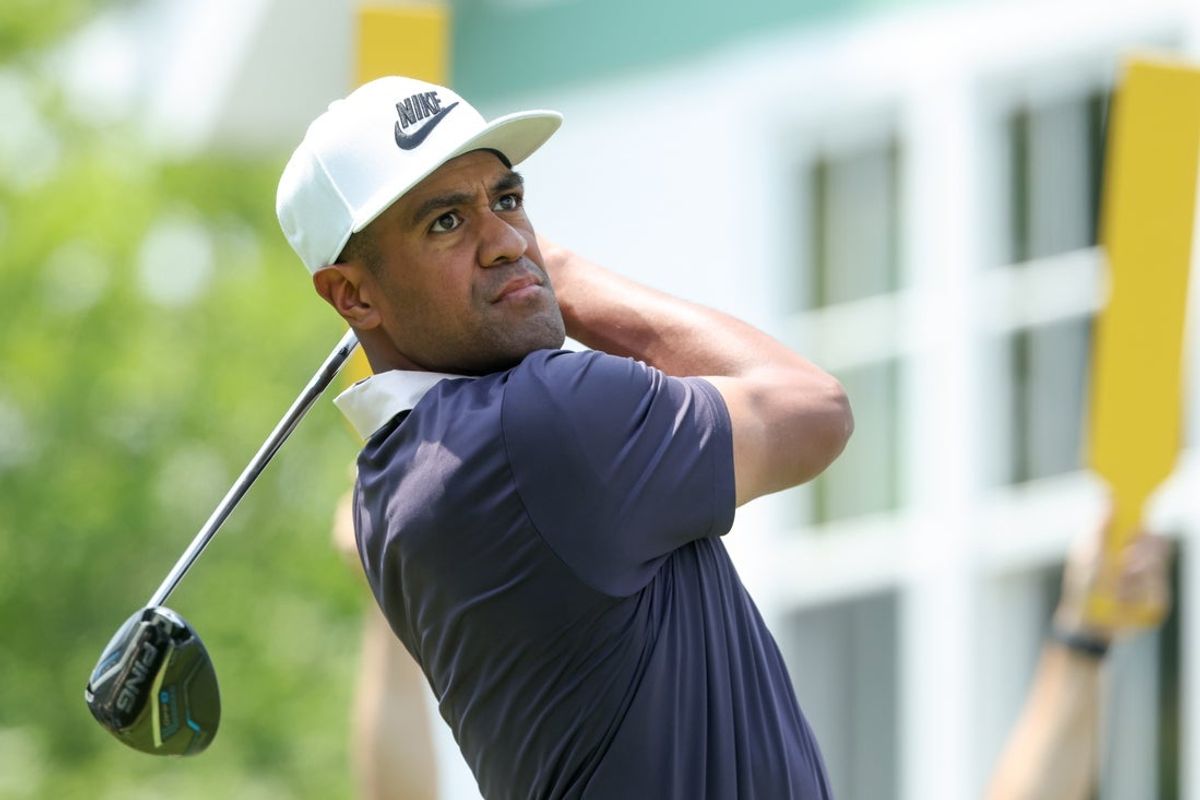 Jun 12, 2025; Oakmont, Pennsylvania, USA; Tony Finau plays his shot from the first tee during the first round of the U.S. Open golf tournament. Mandatory Credit: Charles LeClaire-Imagn Images