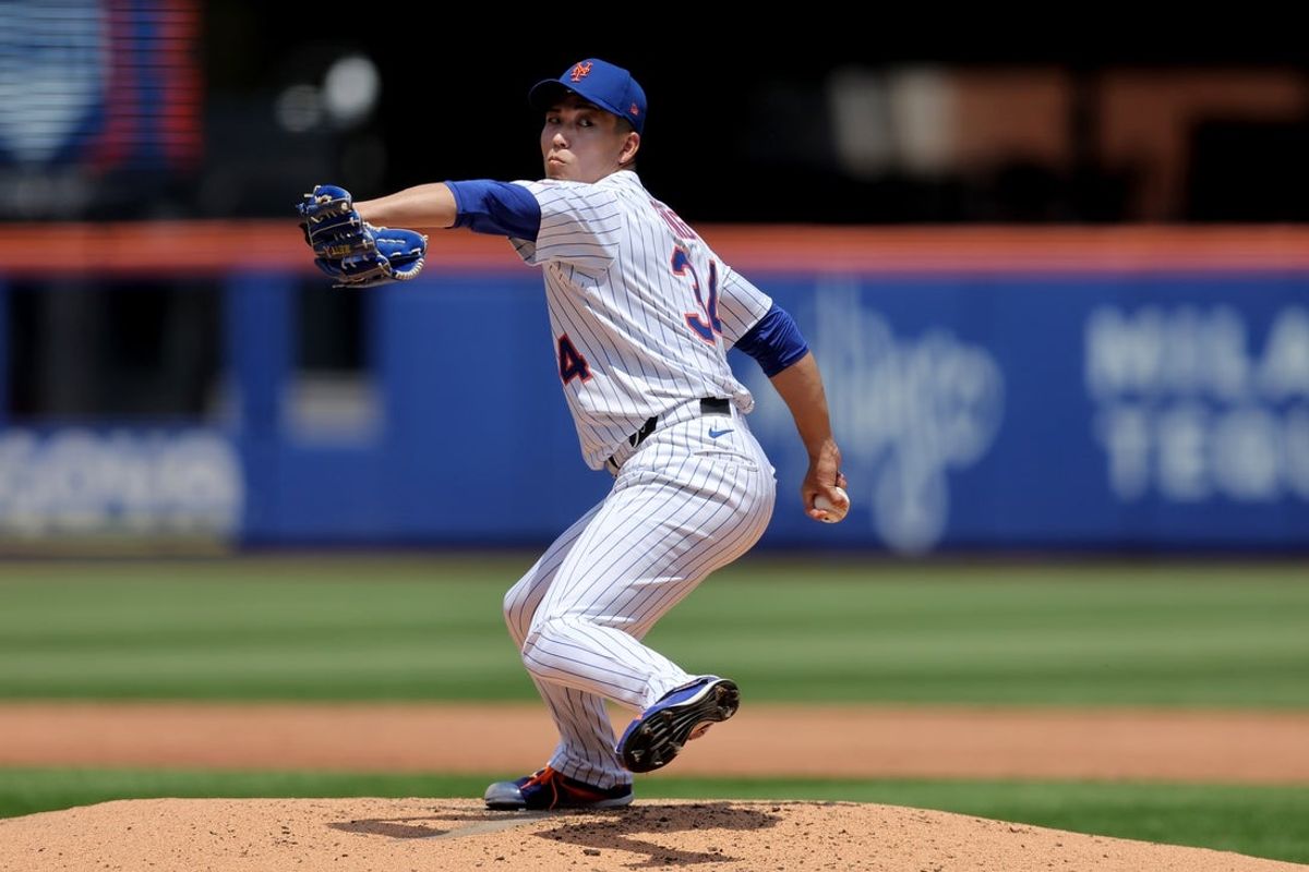 Jun 12, 2025; New York City, New York, USA; New York Mets starting pitcher Kodai Senga (34) pitches against Washington Nationals during the third inning at Citi Field. Mandatory Credit: Brad Penner-Imagn Images