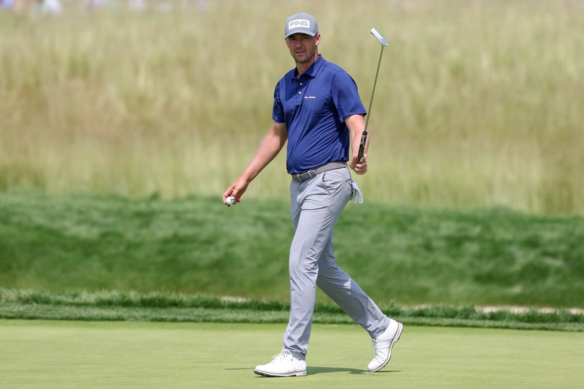 Jun 12, 2025; Oakmont, Pennsylvania, USA; Victor Perez reacts after his putt on the eighth green during the first round of the U.S. Open golf tournament. Mandatory Credit: Bill Streicher-Imagn Images