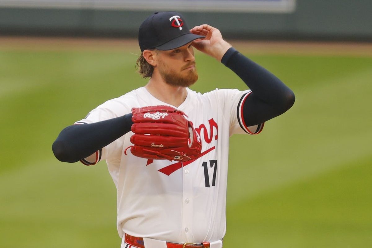 Jun 12, 2025; Minneapolis, Minnesota, USA; Minnesota Twins starting pitcher Bailey Ober (17) awaits the manager to get pulled from throwing to the Texas Rangers in the fifth inning at Target Field. Mandatory Credit: Bruce Kluckhohn-Imagn Images