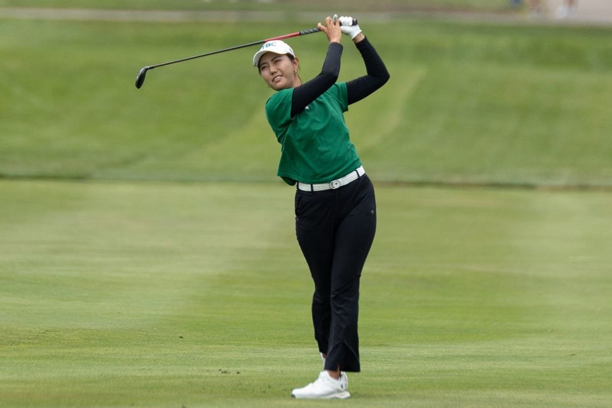 Miranda Wang watches after hitting the ball during the LPGA Classic on June 12.