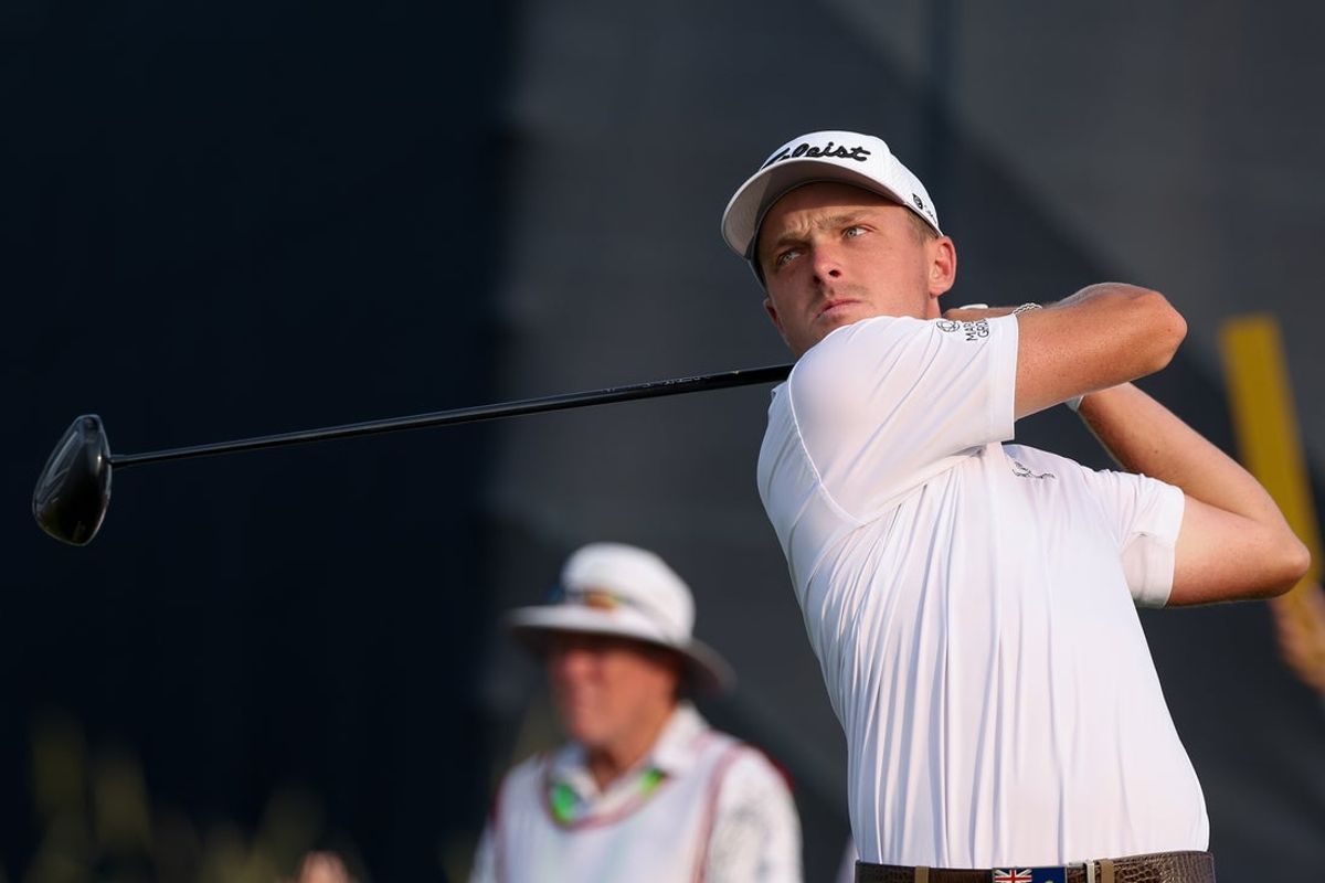 Jun 12, 2025; Oakmont, Pennsylvania, USA; Justin Hastings plays his shot from the 15th tee during the first round of the U.S. Open golf tournament. Mandatory Credit: Bill Streicher-Imagn Images