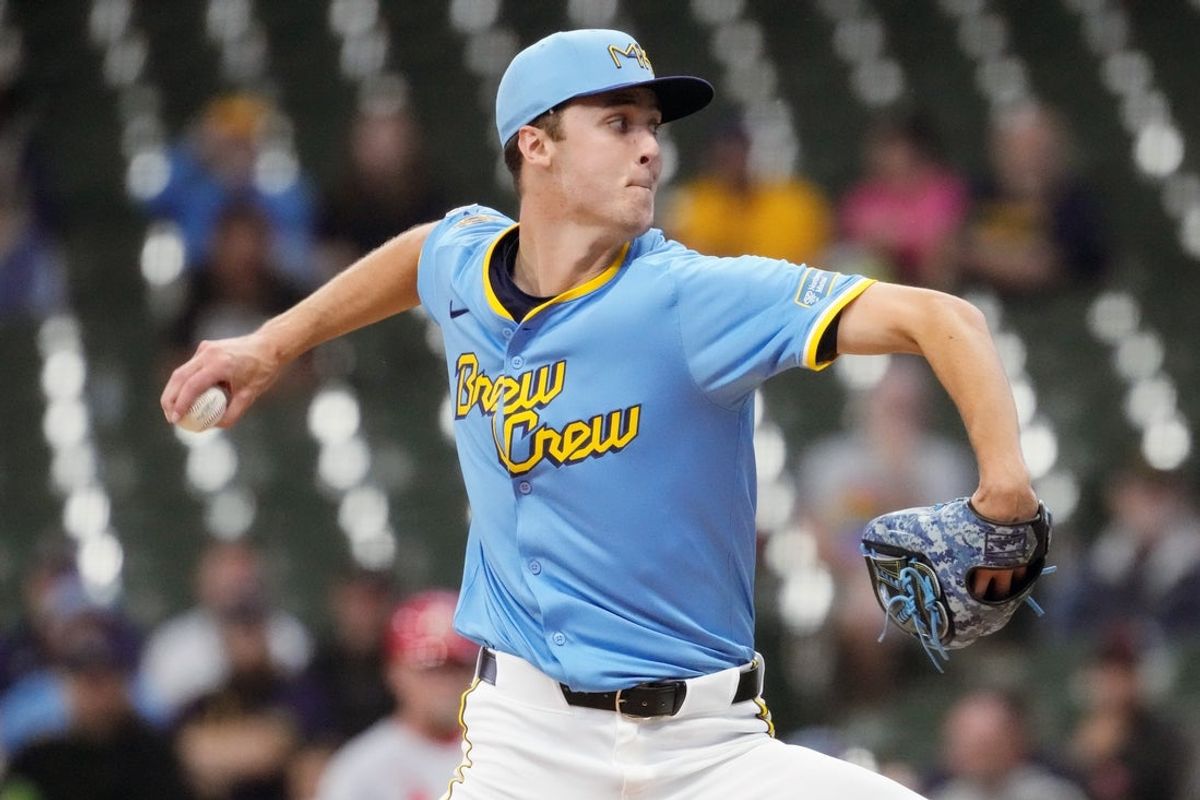 Jun 12, 2025; Milwaukee, Wisconsin, USA;  Milwaukee Brewers pitcher Jacob Misiorowski (33) throws a pitch during the first inning against the St. Louis Cardinals at American Family Field. Mandatory Credit: Jeff Hanisch-Imagn Images