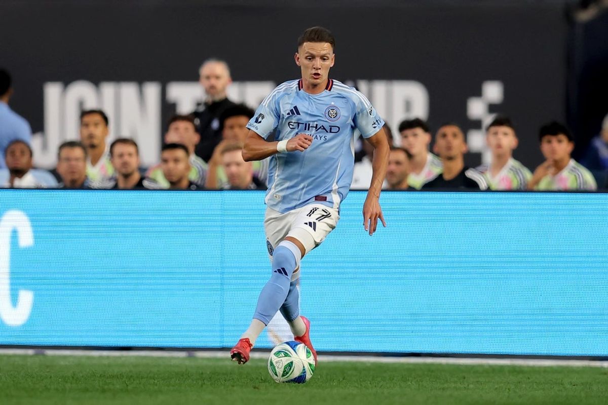 Jun 12, 2025; New York, New York, USA; New York City FC midfielder Hannes Wolf (17) controls the ball against Atlanta United during the first half at Yankee Stadium. Mandatory Credit: Brad Penner-Imagn Images
