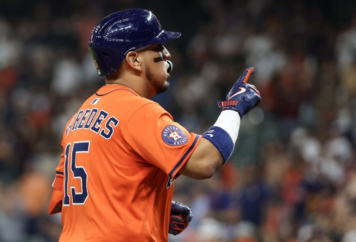 Jun 12, 2025; Houston, Texas, USA;  Houston Astros third baseman Isaac Paredes (15) reacts after a home run against the Chicago White Sox in the fifth inning at Daikin Park. Mandatory Credit: Thomas Shea-Imagn Images