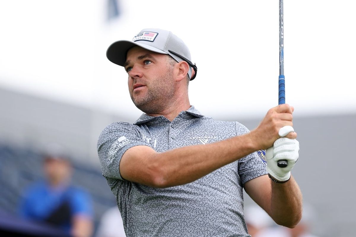 Jun 13, 2025; Oakmont, Pennsylvania, USA; Corey Conners plays his shot from the tenth tee during the second round of the U.S. Open golf tournament. Mandatory Credit: Bill Streicher-Imagn Images