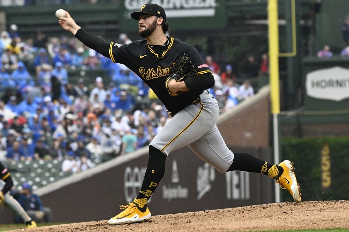 Jun 13, 2025; Chicago, Illinois, USA;  Pittsburgh Pirates pitcher Paul Skenes (30) delivers against the Chicago Cubs during the first inning at Wrigley Field. Mandatory Credit: Matt Marton-Imagn Images