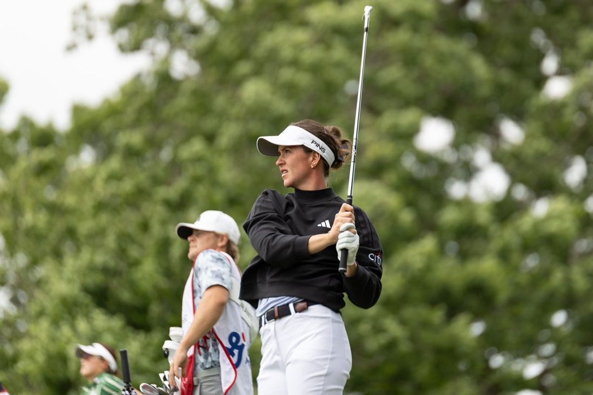 Linn Grant looks down the fairway after making contact with the ball during the LPGA Classic on June 13.