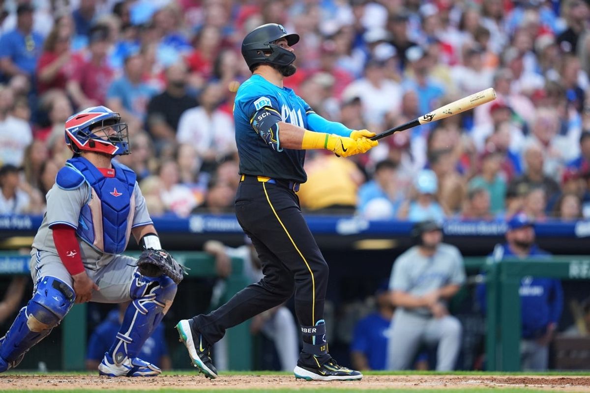 Jun 13, 2025; Philadelphia, Pennsylvania, USA; Philadelphia Phillies designated hitter Kyle Schwarber (12) hits a three-run home run against the Toronto Blue Jays in the second inning at Citizens Bank Park. Mandatory Credit: Kyle Ross-Imagn Images