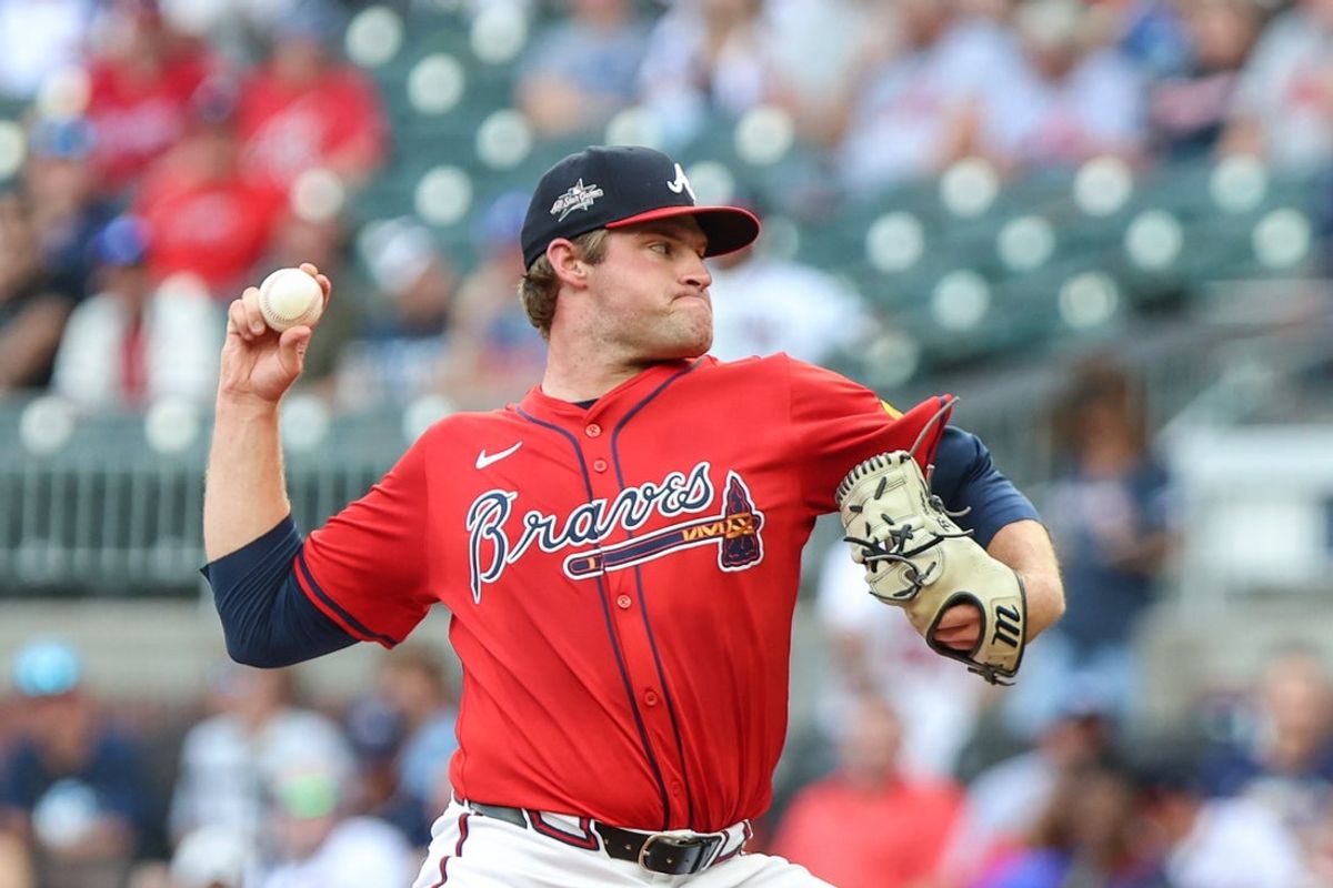 Jun 13, 2025; Cumberland, Georgia, USA; Atlanta Braves pitcher Bryce Elder (55) pitches the ball against Colorado Rockies during the first inning at Truist Park. Mandatory Credit: Jordan Godfree-Imagn Images