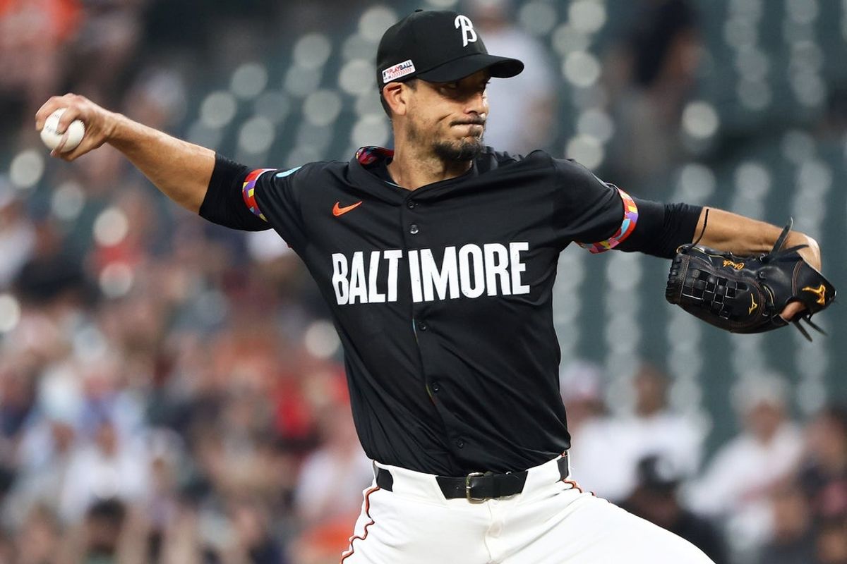 Jun 13, 2025; Baltimore, Maryland, USA; Baltimore Orioles pitcher Charlie Morton (50) throws during the first inning against the Los Angeles Angels at Oriole Park at Camden Yards. Mandatory Credit: Daniel Kucin Jr.-Imagn Images