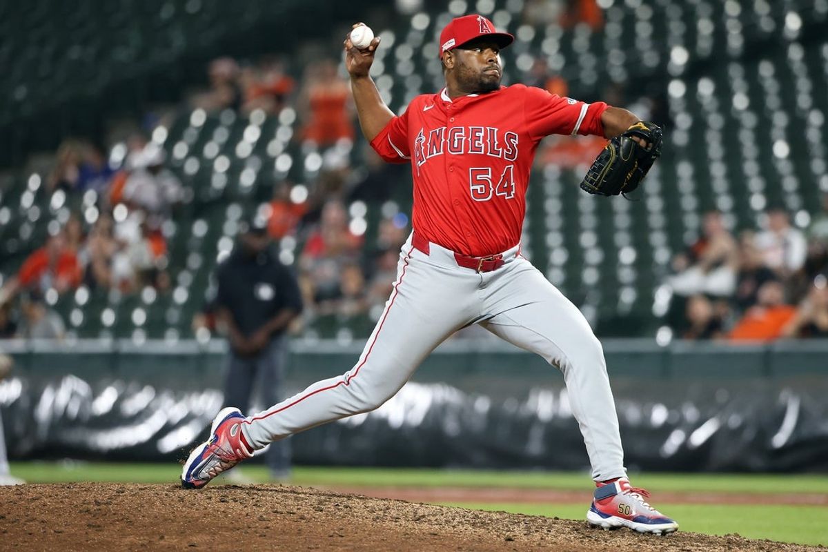 Jun 13, 2025; Baltimore, Maryland, USA; Los Angeles Angels pitcher Hector Neris (54) throws during the eighth inning against the Baltimore Orioles at Oriole Park at Camden Yards. Mandatory Credit: Daniel Kucin Jr.-Imagn Images