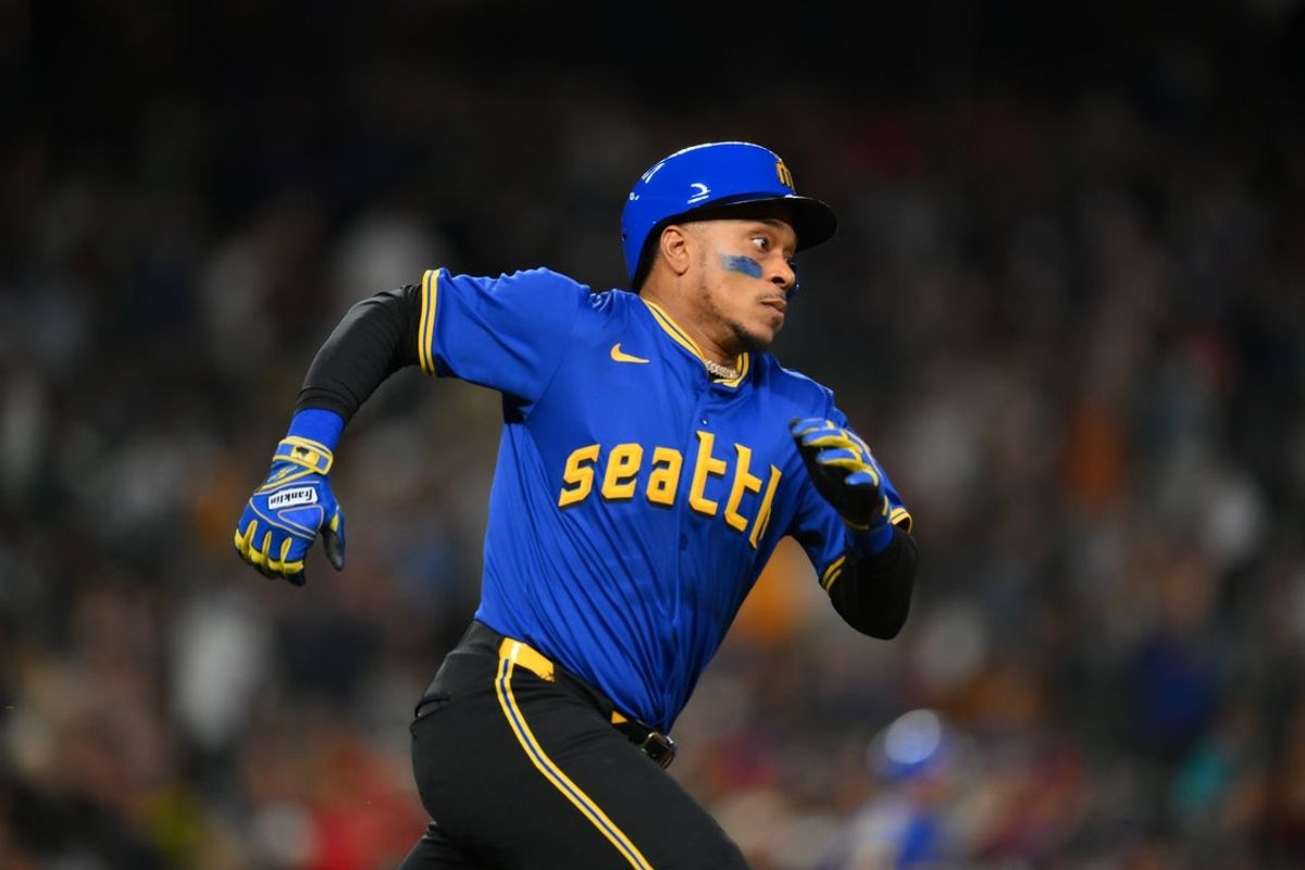 Jun 13, 2025; Seattle, Washington, USA; Seattle Mariners designated hitter Jorge Polanco (7) runs the bases after hitting a double against the Cleveland Guardians during the seventh inning at T-Mobile Park. Mandatory Credit: Steven Bisig-Imagn Images
