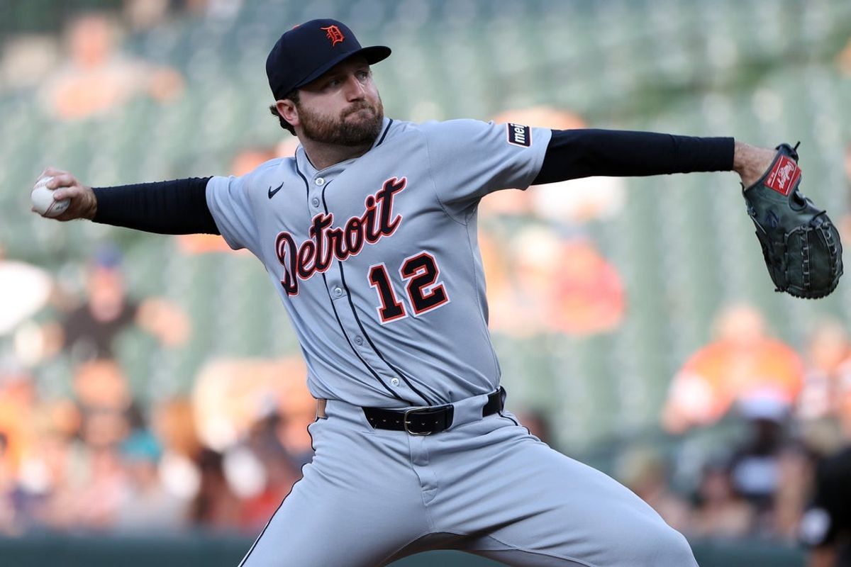 Jun 11, 2025; Baltimore, Maryland, USA; Detroit Tigers pitcher Casey Mize (12) throws during the second inning against the Baltimore Orioles at Oriole Park at Camden Yards. Mandatory Credit: Daniel Kucin Jr.-Imagn Images