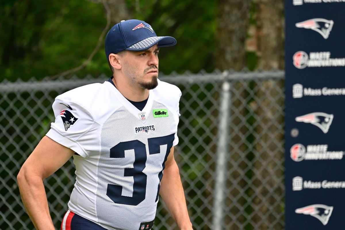 Jun 9, 2025; Foxborough, MA, USA; New England Patriots place kicker John Parker Romo (37) walks to the practice fields at Gillette Stadium. Mandatory Credit: Eric Canha-Imagn Images