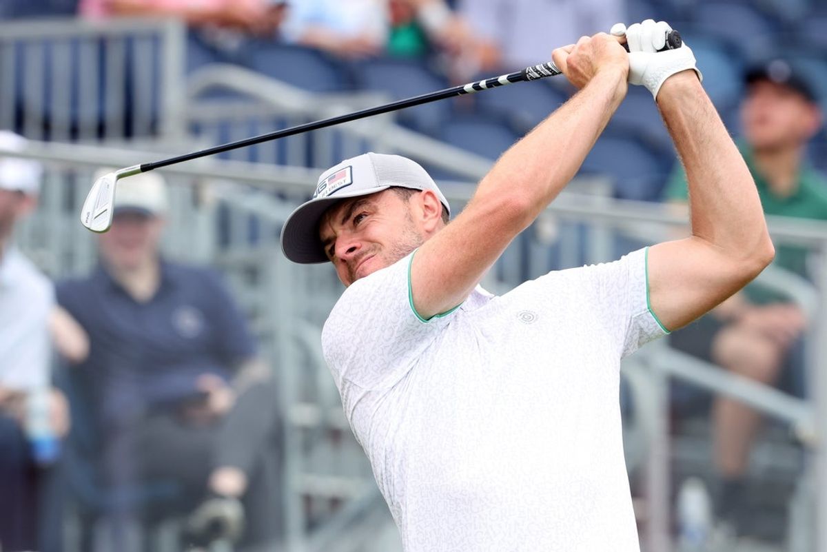 Jun 14, 2025; Oakmont, Pennsylvania, USA; Laurie Canter plays his shot from the tenth tee during the third round of the U.S. Open golf tournament. Mandatory Credit: Charles LeClaire-Imagn Images