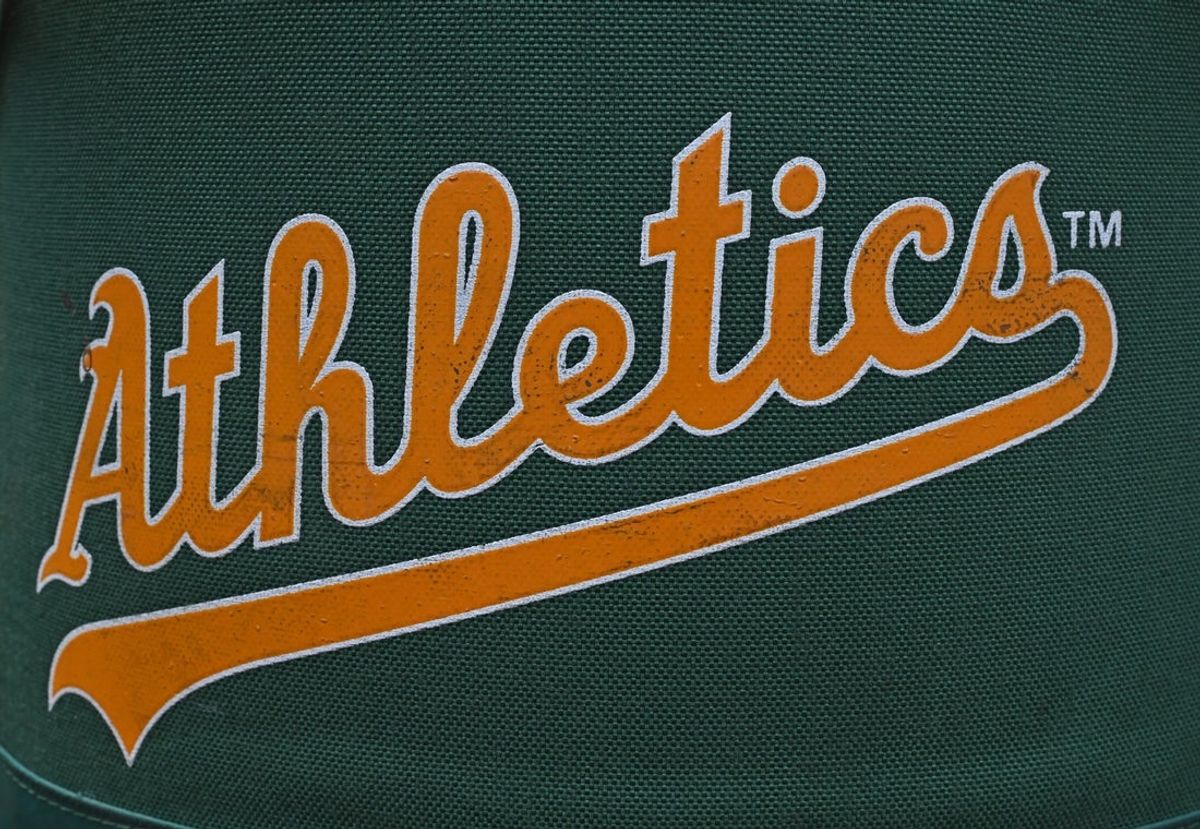Jun 14, 2025; Kansas City, Missouri, USA;  A general view of the Athletics logo on a bag, before a game against the Kansas City Royals at Kauffman Stadium. Mandatory Credit: Peter Aiken-Imagn Images