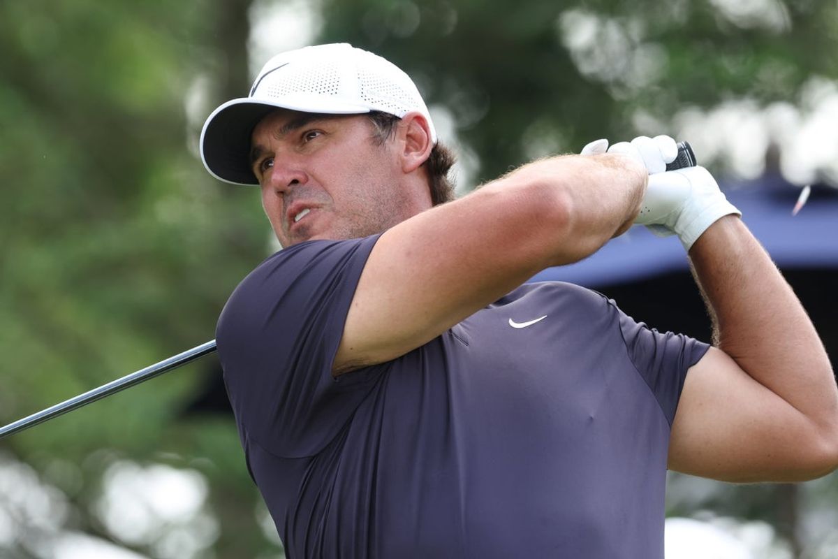 Jun 14, 2025; Oakmont, Pennsylvania, USA; Brooks Koepka plays his shot from the first tee during the third round of the U.S. Open golf tournament. Mandatory Credit: Charles LeClaire-Imagn Images