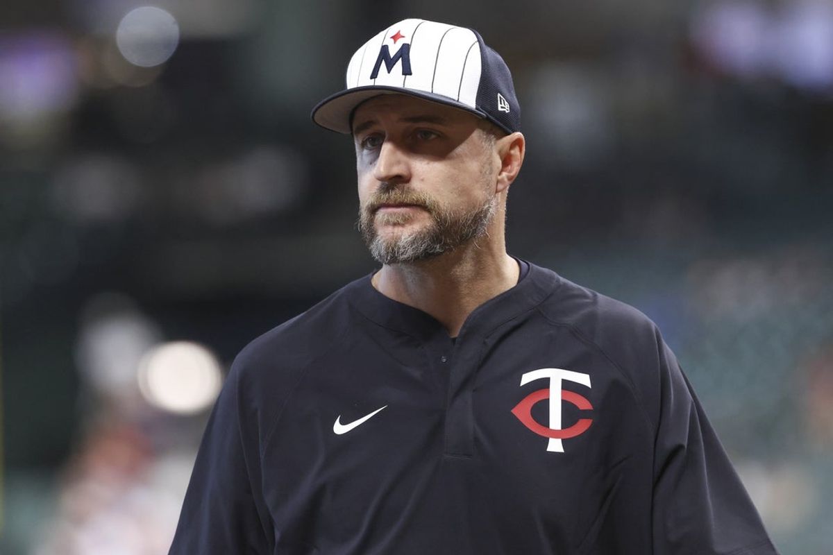 Jun 14, 2025; Houston, Texas, USA; Minnesota Twins manager Rocco Baldelli walks on the field before the game against the Houston Astros at Daikin Park. Mandatory Credit: Troy Taormina-Imagn Images