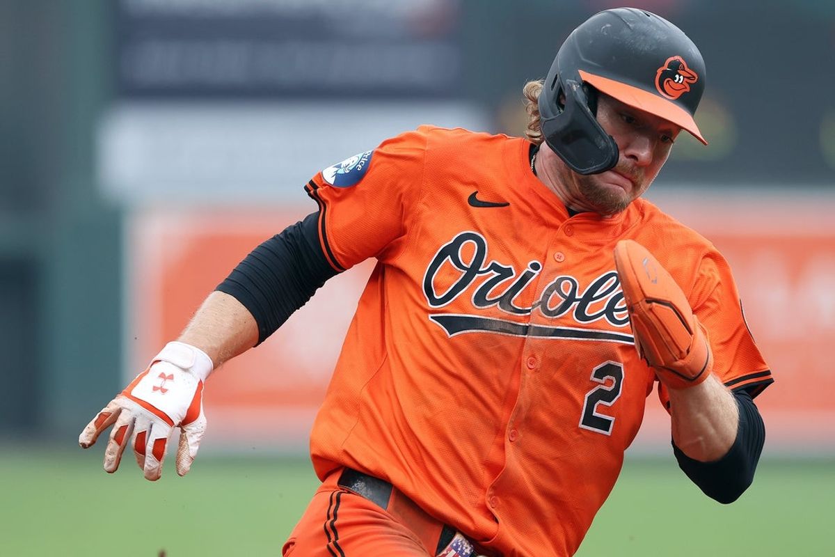 Jun 14, 2025; Baltimore, Maryland, USA; Baltimore Orioles shortstop Gunnar Henderson (2) scores during the third inning against the Los Angeles Angels at Oriole Park at Camden Yards. Mandatory Credit: Daniel Kucin Jr.-Imagn Images