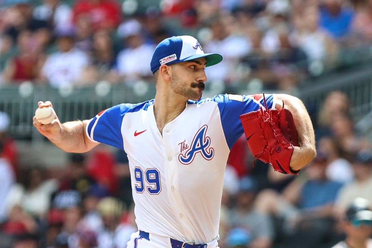 Jun 14, 2025; Cumberland, Georgia, USA; Atlanta Braves pitcher Spencer Strider (99) pitches the ball against the Colorado Rockies during the first inning at Truist Park. Mandatory Credit: Jordan Godfree-Imagn Images