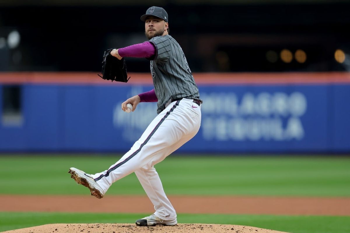 Jun 14, 2025; New York City, New York, USA; New York Mets starting pitcher Tylor Megill (38) pitches against the Tampa Bay Rays during the third inning at Citi Field. Mandatory Credit: Brad Penner-Imagn Images