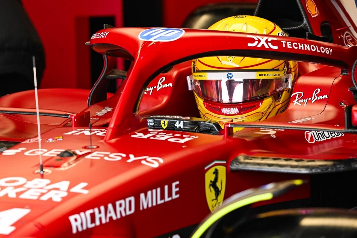Jun 14, 2025; Montreal, Quebec, Canada; Ferrari driver Lewis Hamilton (44) looks on during FP3 practice at Circuit Gilles-Villeneuve. Mandatory Credit: David Kirouac-Imagn Images