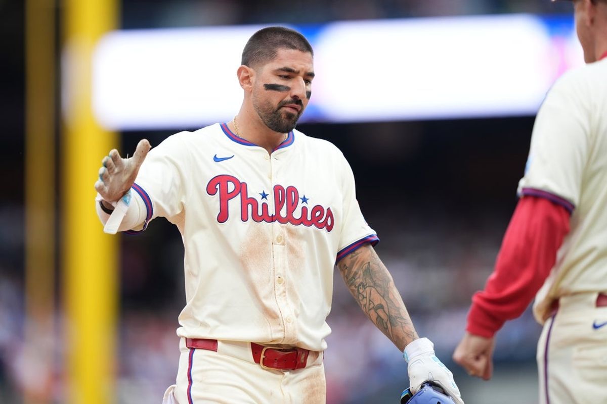 Jun 14, 2025; Philadelphia, Pennsylvania, USA; Philadelphia Phillies outfielder Nick Castellanos (8) reacts after advancing to third against the Toronto Blue Jays in the fourth inning at Citizens Bank Park. Mandatory Credit: Kyle Ross-Imagn Images