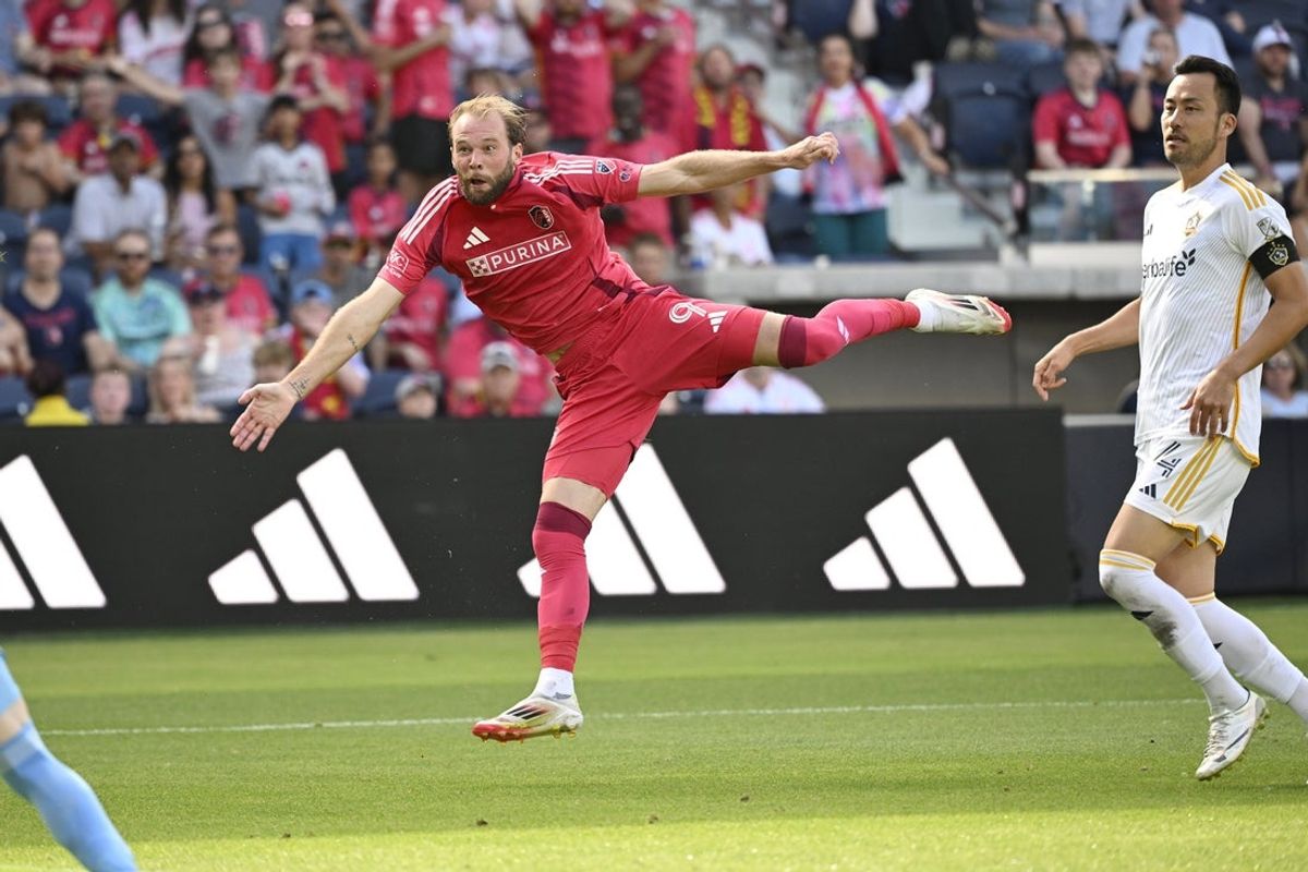 Jun 14, 2025; St. Louis, Missouri, USA; St. Louis CITY SC forward Joao Klauss (9) scores a goal against the LA Galaxy in the second half at Energizer Park. Mandatory Credit: Joe Puetz-Imagn Images