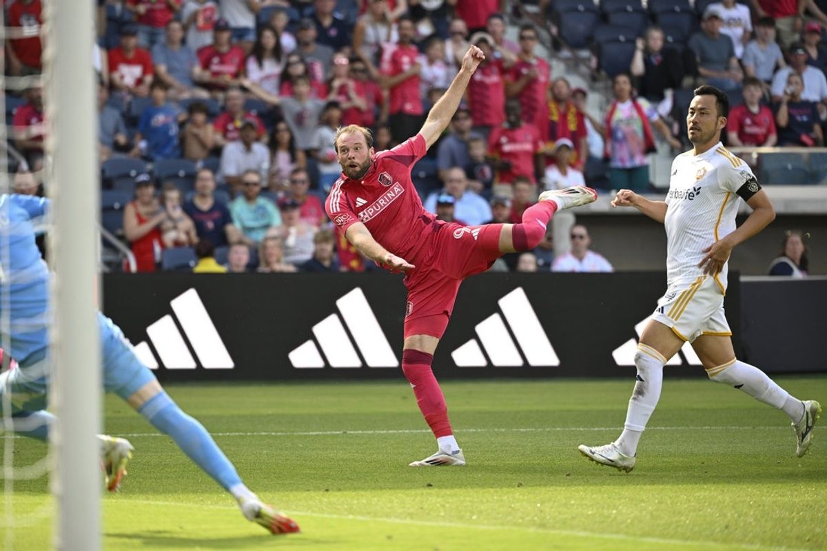 Jun 14, 2025; St. Louis, Missouri, USA; St. Louis CITY SC forward Joao Klauss (9) scores a goal against the LA Galaxy in the second half at Energizer Park. Mandatory Credit: Joe Puetz-Imagn Images