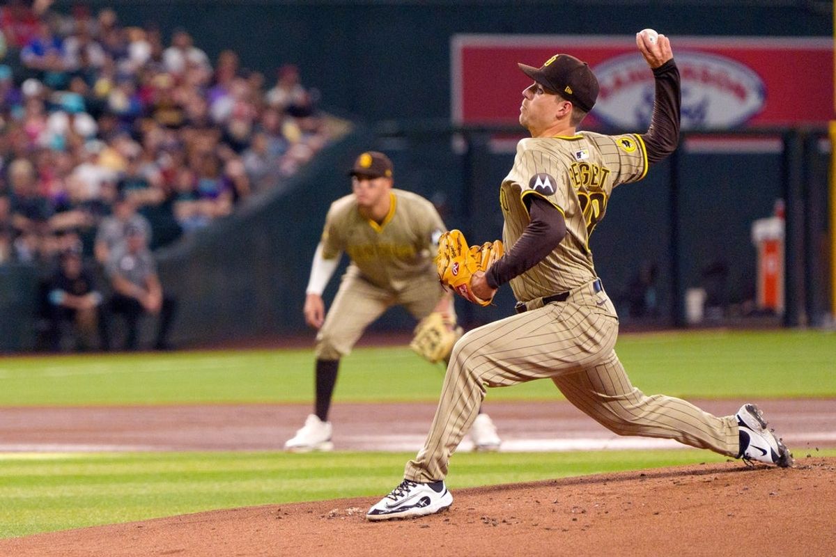 Jun 14, 2025; Phoenix, Arizona, USA; San Diego Padres pitcher Ryan Bergert (38) on the mound in the first inning against the Arizona Diamondbacks at Chase Field. Mandatory Credit: Allan Henry-Imagn Images