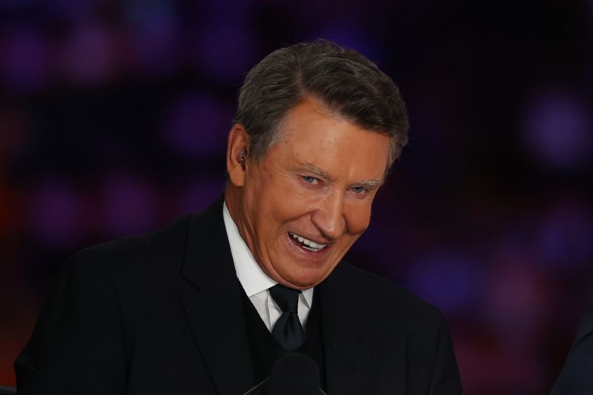 Jun 14, 2025; Edmonton, Alberta, CAN; Canadian former ice hockey player Wayne Gretzky is present for the game between Edmonton Oilers and Florida Panthers in game five of the 2025 Stanley Cup Final at Rogers Place. Mandatory Credit: Perry Nelson-Imagn Images