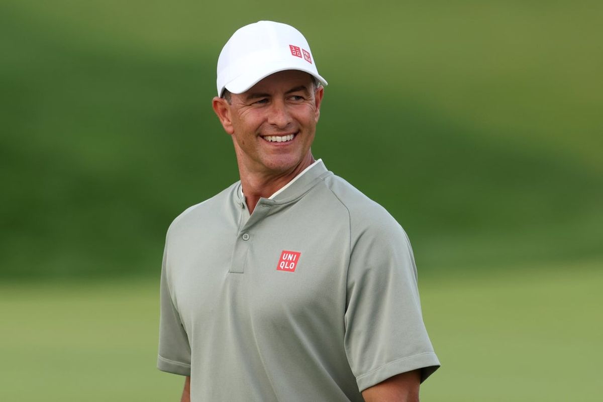 Jun 14, 2025; Oakmont, Pennsylvania, USA; Adam Scott reacts on the 16th green during the third round of the U.S. Open golf tournament. Mandatory Credit: Charles LeClaire-Imagn Images