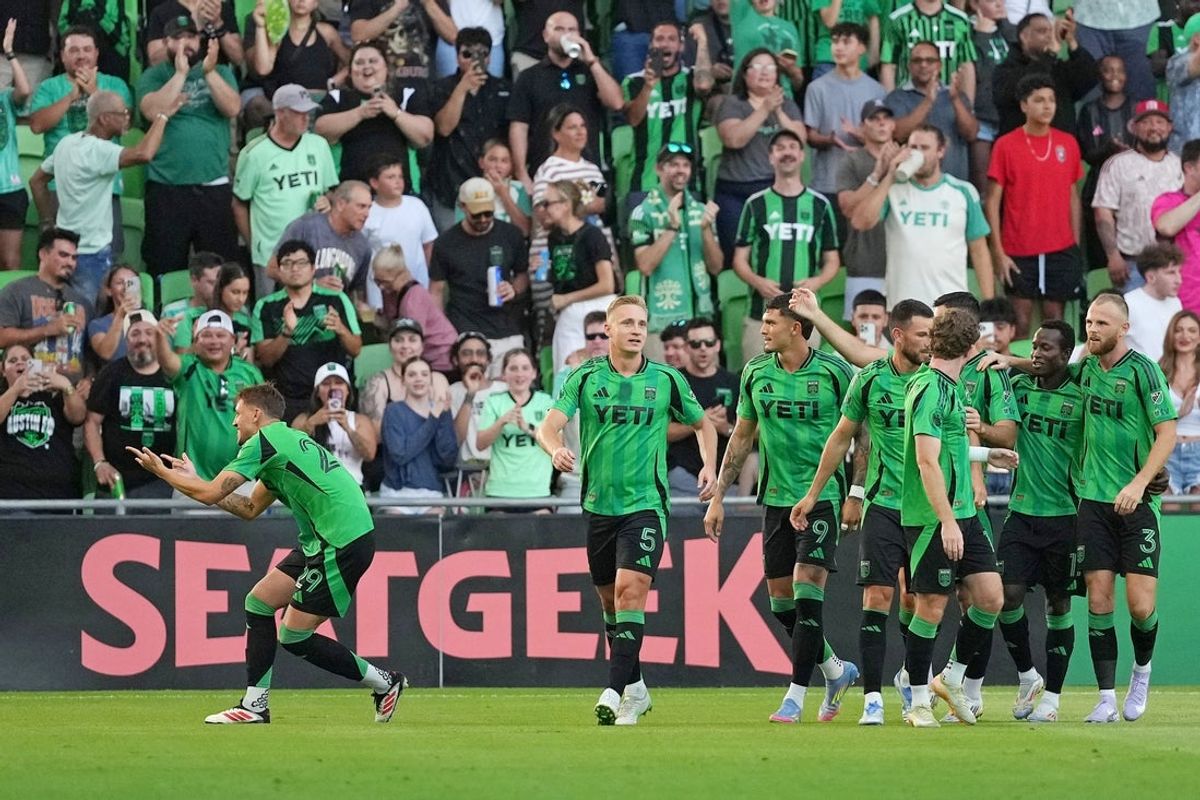 Jun 14, 2025; Austin, Texas, USA; Austin FC defender Guilherme Biro (29) signals to his family after scoring a goal during the first half against the New York Red Bulls at Q2 Stadium. Mandatory Credit: Scott Wachter-Imagn Images
