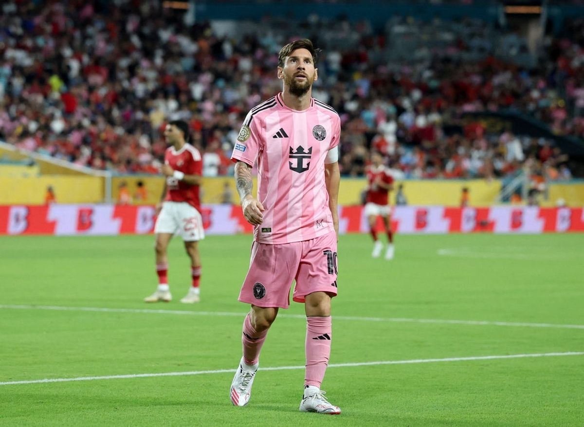 [Subscription Customers Only] Jun 14, 2025; Miami Gardens, Florida, USA; Inter Miami CF forward Lionel Messi (10) reacts during a group stage match of the 2025 FIFA Club World Cup at Hard Rock Stadium. Mandatory Credit: Hannah Mckay-Reuters via Imagn Images