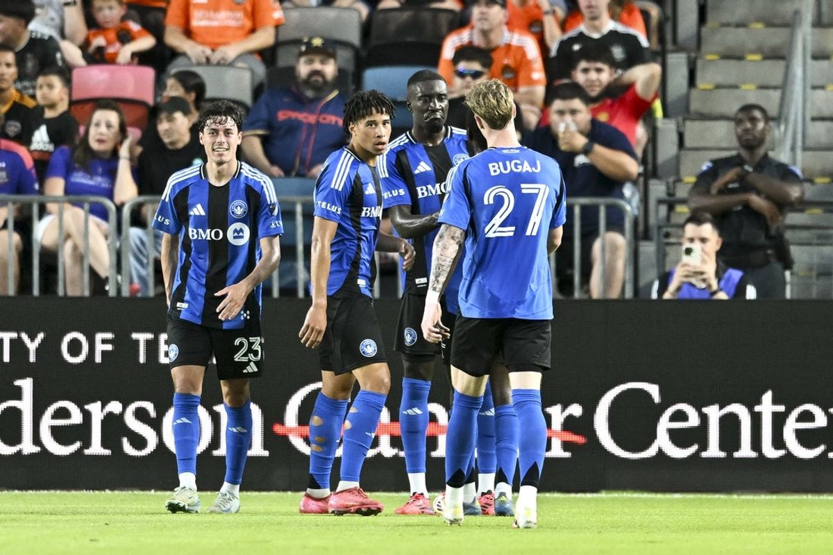 Jun 14, 2025; Houston, Texas, USA; CF Montreal forward Prince Osei Owusu (9) celebrates scoring a goal during the first half against the Houston Dynamo at Shell Energy Stadium. Mandatory Credit: Maria Lysaker-Imagn Images